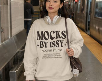 ギルダン18000スウェットシャツサンドモックアップ、地下鉄駅スウェットシャツモックアップ、シティトランジットライフスタイルクルーネックモックアップ