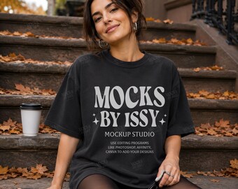 Comfort Colors 1717 Black T-Shirt Mockup, Fall Brownstone Steps Lifestyle Tee Mockup, Cozy Coffee Shirt Mockup