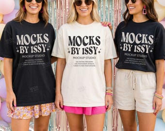 Comfort Colors 1717 Ivory Black T-Shirt Mockup, Women Group Tee Mockup, Party Backdrop Disco Ball Scene