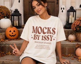Comfort Colors 1717 Ivory T-Shirt Mockup, Halloween Porch Lifestyle Tee Mockup, Fall Pumpkin Ghost Shirt Mockup