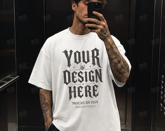 Comfort Colors 1717 White T-Shirt Mockup, Male Model Elevator Mirror Selfie Tee Mockup for Gothic Streetwear Designs