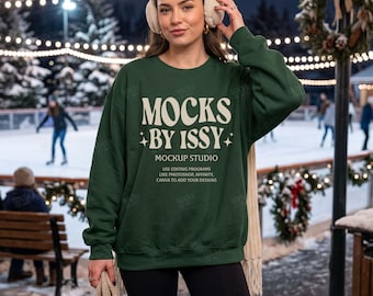 Gildan 18000 Forest Green Sweatshirt Mockup, Ice Skating Rink Christmas Winter Scene, Cozy Holiday Apparel Mockup