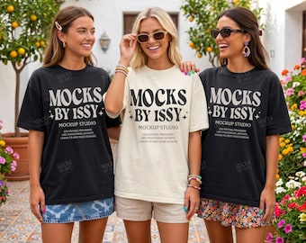 Comfort Colors 1717 Ivory Black T-Shirt Mockup, Women Group Tee Mockup, Bachelorette Mockup, Mediterranean Courtyard Scene