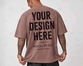 Comfort Colors 1717 Espresso Mens T-Shirt Mockup, Back View Studio Shirt Mockup, Tattoo Model Apparel Mockup