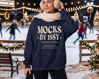 Gildan 18000 Navy Sweatshirt Mockup, Ice Skating Rink Christmas Winter Scene, Cozy Holiday Apparel Mockup