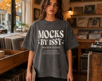 Comfort Colors 1717 Pepper T-Shirt Mockup, Record Store Lifestyle Tee Mockup, Vintage Vinyl Shop Shirt Mockup
