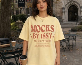 Comfort Colors 1717 Banana T-Shirt Mockup, Campus Courtyard Lifestyle Tee Mockup, Autumn Coffee Shirt Mockup
