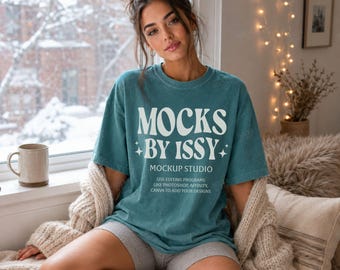Comfort Colors 1717 Blue Spruce T-Shirt Mockup, Cozy Winter Lifestyle Tee Mockup, Snowy Shirt Mockup