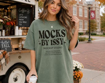 Comfort Colors 1717 Moss T-Shirt Mockup, Fall Coffee Cart Lifestyle Tee Mockup, Campus Coffee Shirt Mockup