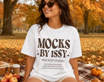 Comfort Colors 1717 White T-Shirt Mockup, Fall Picnic Lifestyle Tee Mockup, Cozy Pumpkin Patch Shirt Mockup