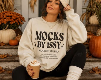 Gildan 18000 Sand Sweatshirt Mockup, Fall Porch Pumpkin Scene, Cozy Autumn Digital Apparel Mockup