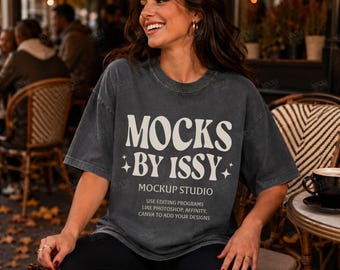 Comfort Colors 1717 Pepper T-Shirt Mockup, Fall Cafe Patio Lifestyle Tee Mockup, Coffee Shop Shirt Mockup