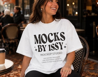 Comfort Colors 1717 White T-Shirt Mockup, Fall Cafe Patio Lifestyle Tee Mockup, Coffee Shop Shirt Mockup