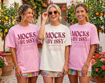Comfort Colors 1717 Ivory Blossom T-Shirt Mockup, Women Group Tee Mockup, Bachelorette Mockup, Mediterranean Courtyard Scene