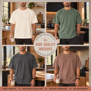Op de afbeelding: Een bundel van vier t-shirts met korte mouwen in crème, saliegroen, antracietgrijs en bruin. Elk shirt heeft een ronde hals en een relaxte pasvorm. In het midden van de afbeelding staat een cirkelvormige badge met de tekst Premium Bundle 4x High-Quality Mockups Design Ready.