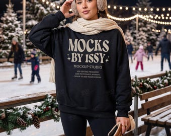 Gildan 18000 Black Sweatshirt Mockup, Ice Skating Rink Christmas Winter Scene, Cozy Holiday Apparel Mockup