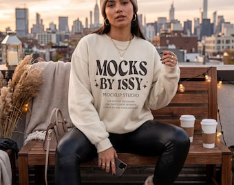Gildan 18000 Sand Sweatshirt Mockup, Rooftop City Skyline Scene, Cozy Urban Digital Apparel Mockup