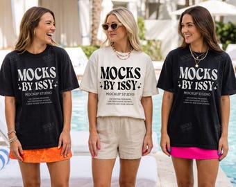 Comfort Colors 1717 Ivory Black T-Shirt Mockup, Women Group Tee Mockup, Poolside Resort Scene