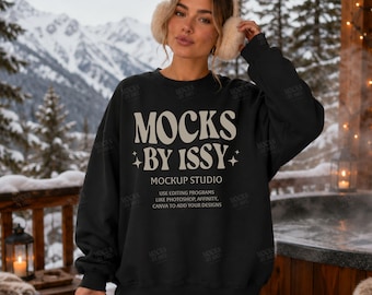 Gildan 18000 Black Sweatshirt Mockup, Snowy Mountain Hot Tub Scene, Cozy Winter Lodge Digital Apparel Mockup