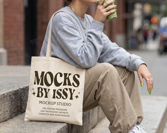 Liberty Bags OAD113 Natural Tote Bag Mockup, City Steps Canvas Bag Mockup with Matcha and Casual Street Style