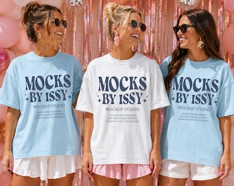 Comfort Colors 1717 White Chambray T-Shirt Mockup, Women Group Tee Mockup, Party Backdrop Disco Ball Scene