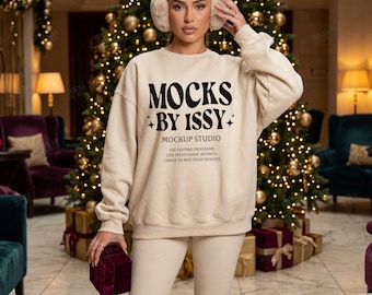 Gildan 18000 Sand Sweatshirt Mockup, Christmas Tree Scene, Holiday Gift Digital Apparel Mockup