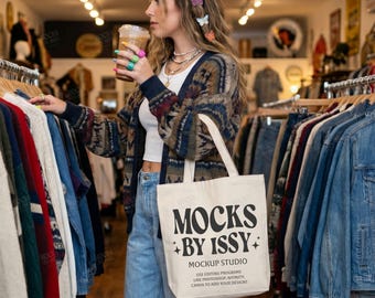 Liberty Bags OAD113 Natural Tote Bag Mockup, Vintage Boutique Canvas Bag Mockup with Coffee and Thrift Shop Style