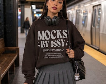 Gildan 18000 Sweatshirt Dark Chocolate Mockup, Subway Platform Sweatshirt Mockup, Urban Commuter Crewneck Mockup