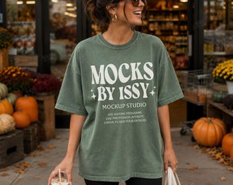 Comfortkleuren 1717 Moss T-shirt Mockup, Fall Market Storefront Lifestyle T-shirt Mockup, Coffeeshop Casual Shirt Mockup