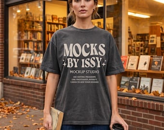Comfort Colors 1717 Pepper T-Shirt Mockup, Campus Bookstore Lifestyle Tee Mockup, Autumn Reading Coffee Shirt Mockup