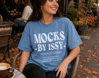 Comfort Colors 1717 Blue Jean T-Shirt Mockup, Fall Cafe Patio Lifestyle Tee Mockup, Coffee Shop Shirt Mockup