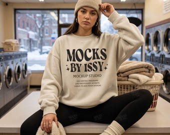Gildan 18000 Sand Sweatshirt Mockup, Cozy Winter Laundromat Scene, Casual Lifestyle Digital Apparel Mockup