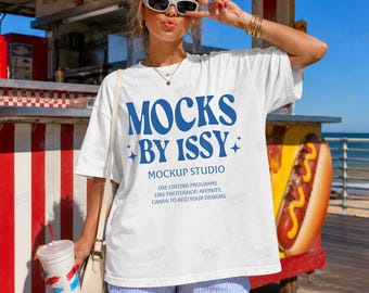 Comfort Colors 1717 White T-Shirt Mockup, Hot Dog Stand Boardwalk Summer Coastal Seller Display Tee Mockup