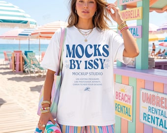 Comfort Colors 1717 White T-Shirt Mockup, Beach Umbrella Rental Stand Summer Coastal Seller Display Tee Mockup