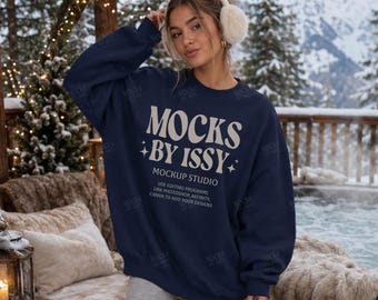 Gildan 18000 Navy Sweatshirt Mockup, Snowy Mountain Hot Tub Scene, Cozy Winter Lodge Digital Apparel Mockup