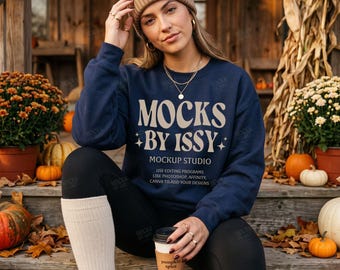 Gildan 18000 Navy Sweatshirt Mockup, Fall Porch Pumpkin Scene, Cozy Autumn Digital Apparel Mockup