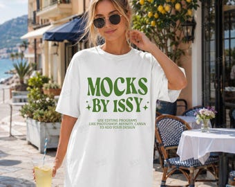 Mockup de camiseta branca Comfort Colors 1717, mockup de camiseta estilo café costeiro, mockup de camiseta para viagens de verão