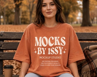 Comfort Colors 1717 Yam T-Shirt Mockup, Fall Park Bench Lifestyle Tee Mockup, Cozy Coffee Shirt Mockup
