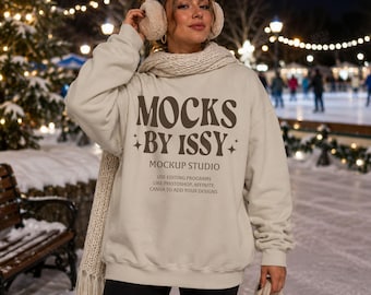 Gildan 18000 Sand Sweatshirt Mockup, Ice Skating Rink Christmas Winter Scene, Cozy Holiday Apparel Mockup