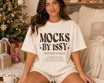 Comfort Colors 1717 Ivory T-Shirt Mockup, Christmas Pajama Tee Mockup, Cozy Holiday Living Room Shirt Mockup, Blank Front Tee Mockup