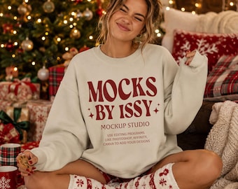 Gildan 18000 Sand Sweatshirt Xmas Mockup, Cozy Christmas Scene, Holiday Cookie Digital Apparel Mockup