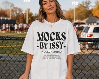 Comfort Colors 1717 White T-Shirt Mockup, Football Field Fence Game Day Tee, Fall Tailgate Female Model Mockup