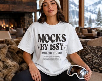 Comfort Colors 1717 White T-Shirt Mockup, Cozy Ski Lodge Lifestyle Tee Mockup, Winter Cabin Fireplace Shirt Mockup