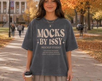 Comfort Colors 1717 Pepper T-Shirt Mockup, Autumn Campus Sidewalk Lifestyle Tee Mockup, College Coffee Shirt Mockup