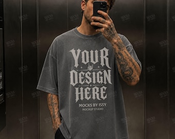 Comfort Colors 1717 Pepper T-Shirt Mockup, Male Model Elevator Mirror Selfie Tee Mockup for Gothic Streetwear Designs