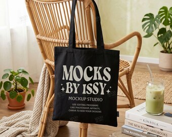 Liberty Bags OAD113 Black Tote Bag Mockup, Cozy Boho Interior Canvas Bag Mockup with Rattan Chair and Matcha