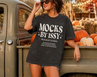 Comfort Colors 1717 Black T-Shirt Mockup, Pumpkin Patch Vintage Truck Fall Lifestyle Tee Mockup, Autumn Boutique Shirt Mockup