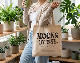 Liberty Bags OAD113 Natural Tote Bag Mockup, Plant Shop Canvas Bag Mockup with Matcha Drink and Botanical Style