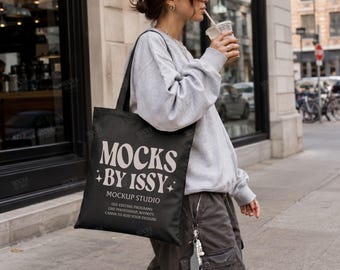 Liberty Bags OAD113 Black Tote Bag Mockup, City Coffee Shop Canvas Bag Mockup with Urban Streetwear Style