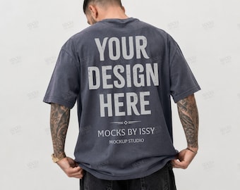 Comfort Colors 1717 Graphite Mens T-Shirt Mockup, Back View Studio Shirt Mockup, Tattoo Model Apparel Mockup